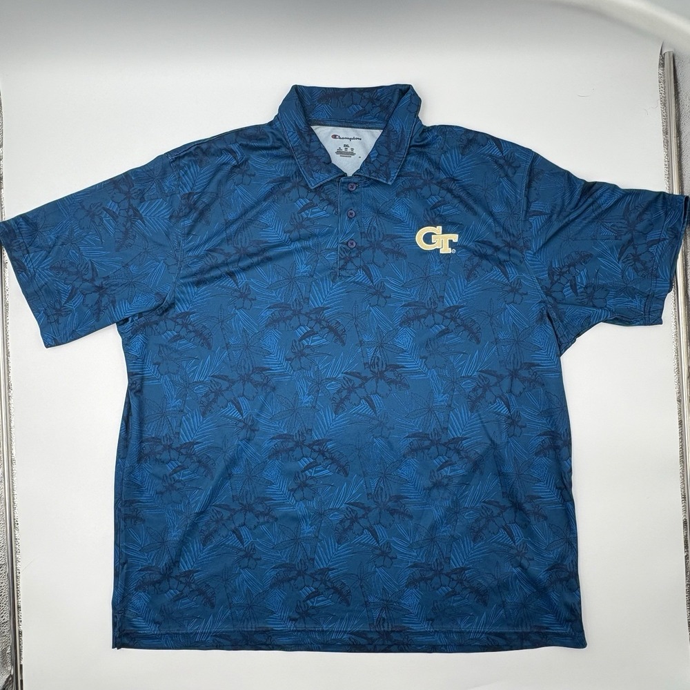 Champion Georgia Tech Yellow Jackets Polo Shirt Men 2XL Blue Floral Golf NCAA